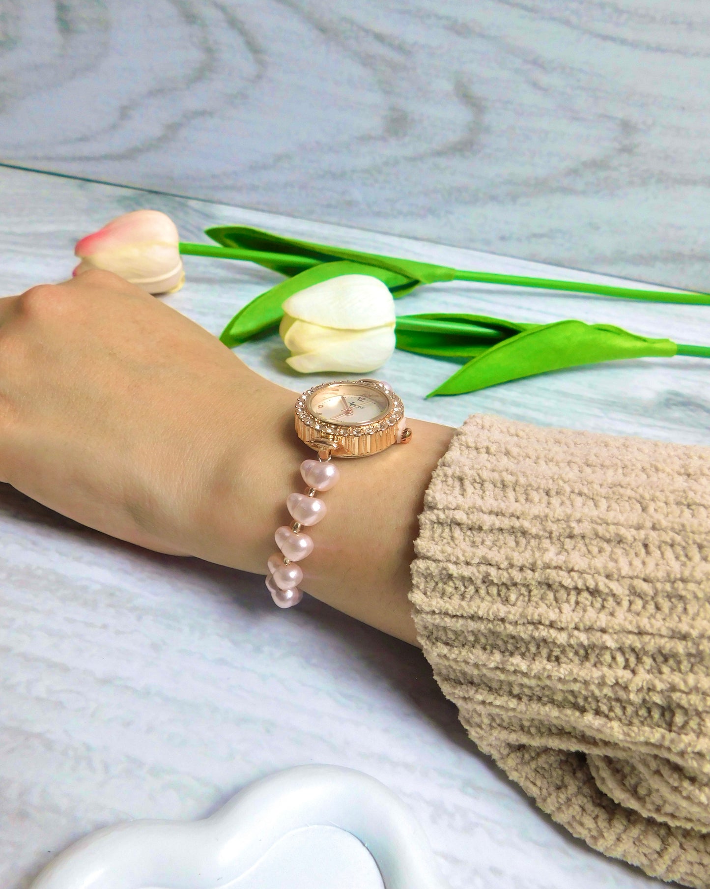 Reloj Pulsera – Perla corazón rosa