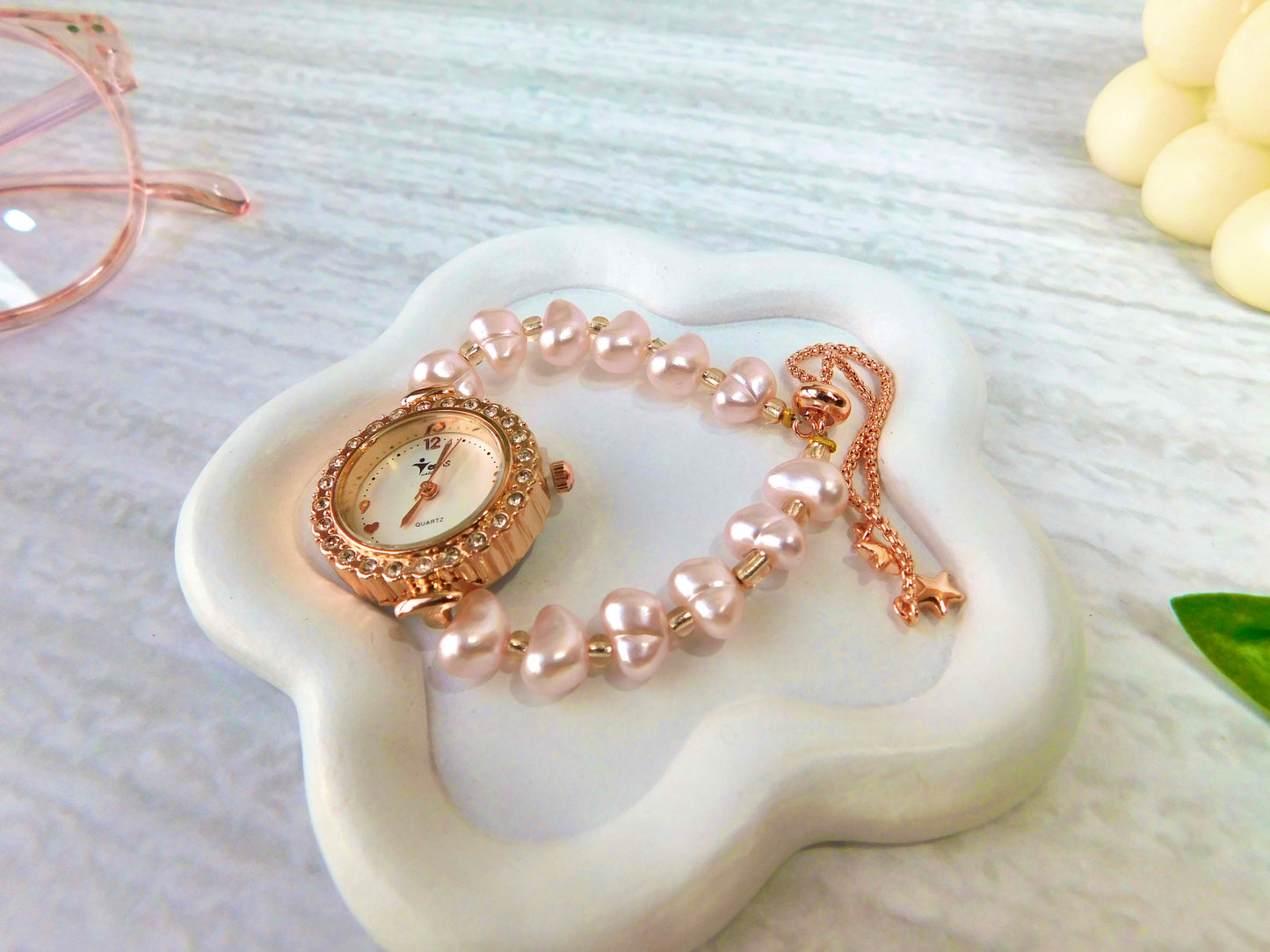 Reloj Pulsera – Perla corazón rosa