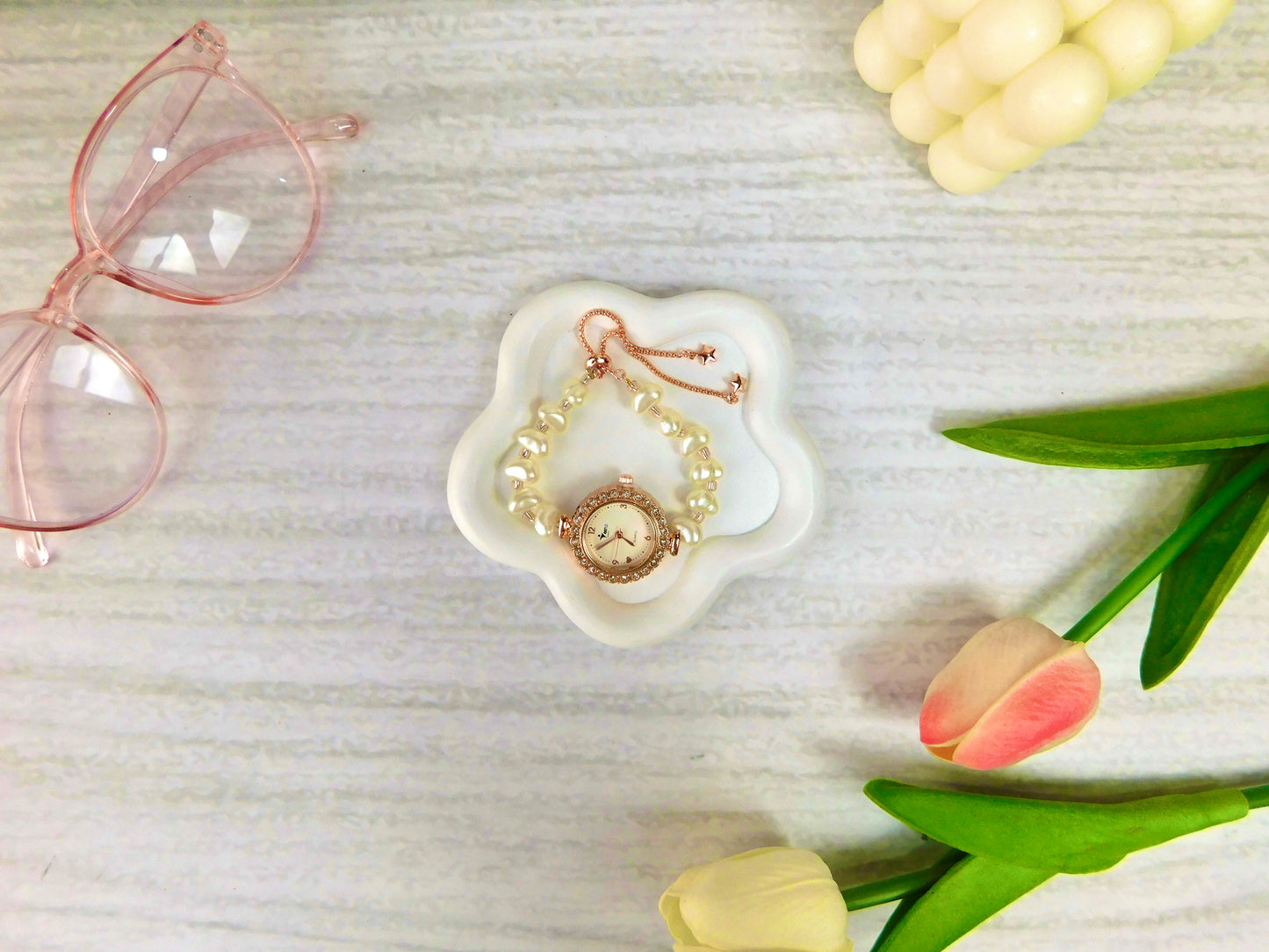 Reloj Pulsera – Perla corazón blanca
