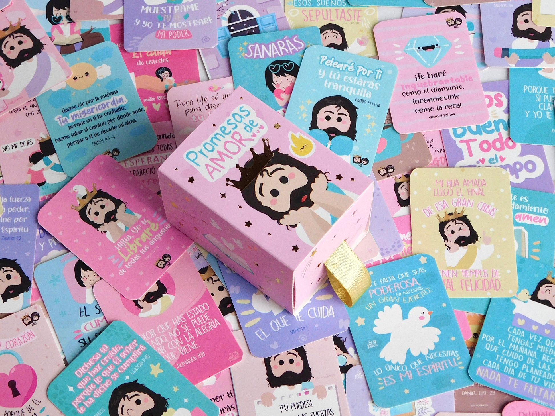 Caja promesas de amor biblicas  con 100 tarjetas diseños variados