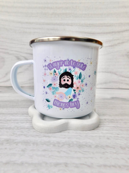 Mug vintage en peltre esmaltado – “Si ayer no te solté, menos hoy”